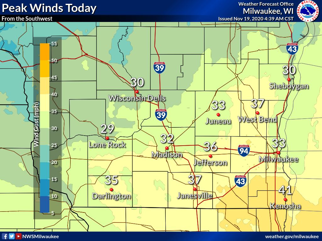 Peak winds Thursday by National Weather Service